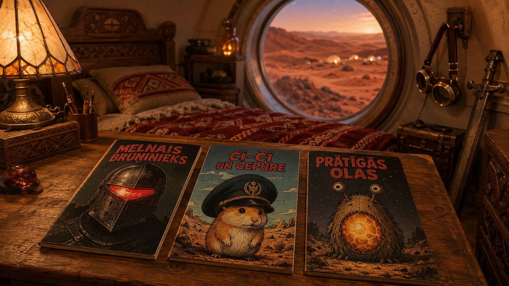 Istaba Nītaures balonmājā — trīs komiksi uz galda / A balloon-house room with three comics on the desk